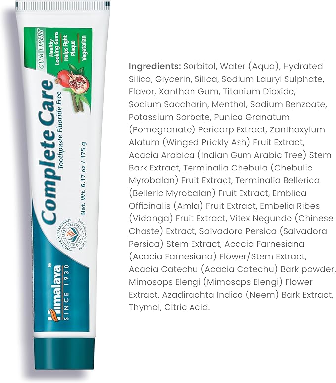 Himalaya Complete Care Toothpaste, Fluoride Free to Reduce Plaque and Brighten Teeth, 6.17 Oz