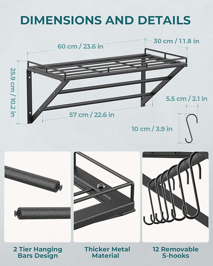 OROPY 23 Inch Wall Mounted Pot Rack Storage Shelf with 2 Tier Hanging Rails 12 S Hooks included, Ideal for Pans, Utensils, Cookware, Plant Black