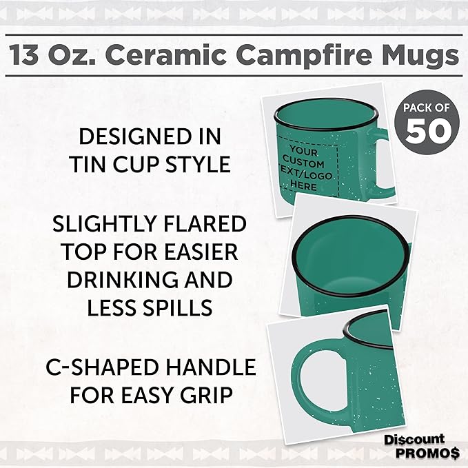 DISCOUNT PROMOS Custom Ceramic Campfire Coffee Mugs 13 oz. Set of 50, Personalized Bulk Pack - Perfect for Tea, Espresso, Cappuccino, Hot Cocoa - Mint