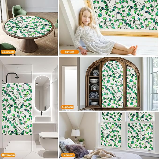Window Privacy Film Stained Glass Decorative Static Clings Frosted Window Tint for Home Room Decor Bathroom Door Car Stickers with Glittering Effect, Removable(Blue & Green pothos Botanical)