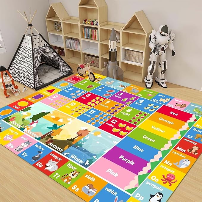 Kids Rug ABC Rug, Play Mat for Kids Playroom ABC Educational Area Rug for Playroom Classroom Elementary Preschool Rugs wtih Numbers Animals (6.6x9.8ft)