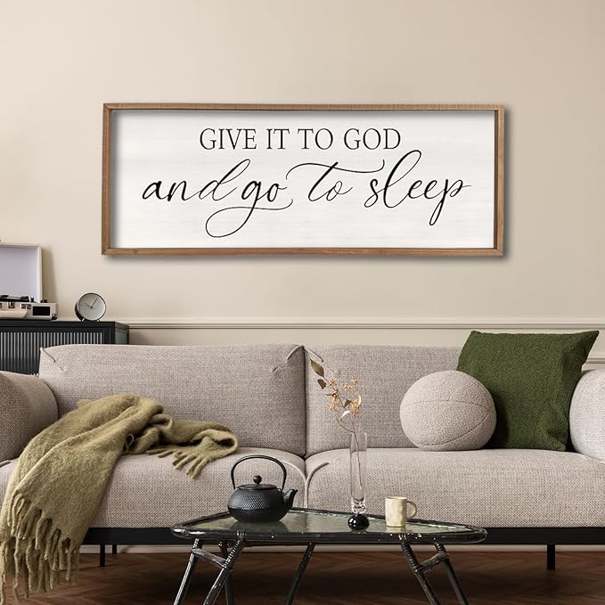 comurdyo Give It To God And Go to Sleep Sign 40''×15'' Master Bedroom Above Bed Wall Decor Wood Framed Couple Large Farmhouse Guest Room Rustic Simple Over Bedside Wall Art Hanging Decor (Wood)