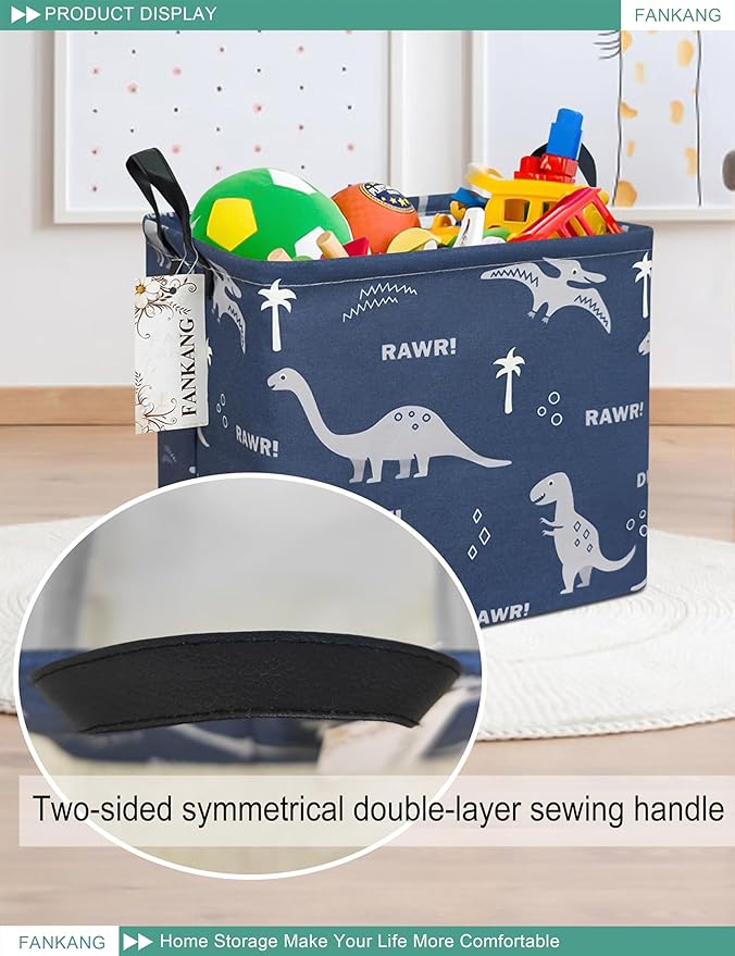 FANKANG Square Nursery Hamper Storage Bins Canvas Laundry Basket Foldable with Waterproof PE Coating Storage Baskets Gift Baskets for Children, Office, Bedroom, Clothes（Square-Blue dinosaur ）
