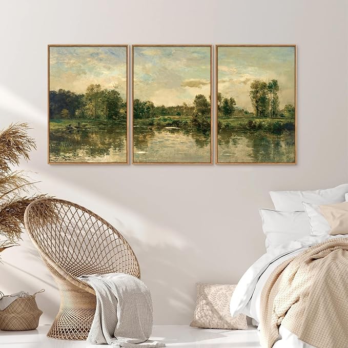 Tinonedraw Vintage Nature Framed Canvas Wall Art Set of 3, French Country Wall Decor, Olive Green Trees Art Paintings, Rustic Landscape Farmhouse Art Prints for Living Room Bedroom Office 24"x36"x3