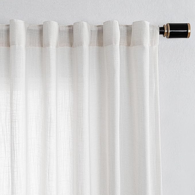 MYSKY HOME Natural Linen White Curtains 84 Inches Long, Semi Sheer Soft Cotton Window Drapes Set for Living Room Back Tab Elegant Cute Look Country Bedroom Curtains, 100" x 84", Beige, Pack-1