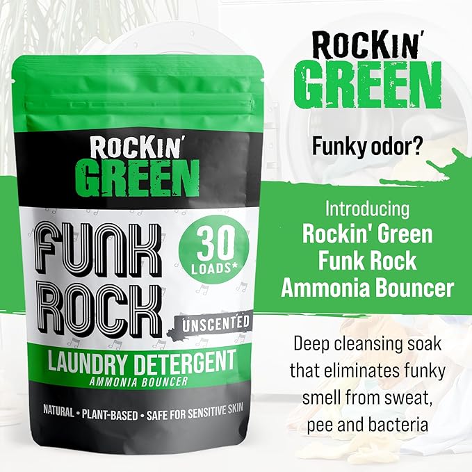 Rockin' Green Laundry Detergent, Plant based, All Natural Laundry Detergent Powder, Vegan and Biodegradable Odor Fighter, Safe for Sensitive Skin (Funk Rock Ammonia Bouncer 30 Loads - Unscented)
