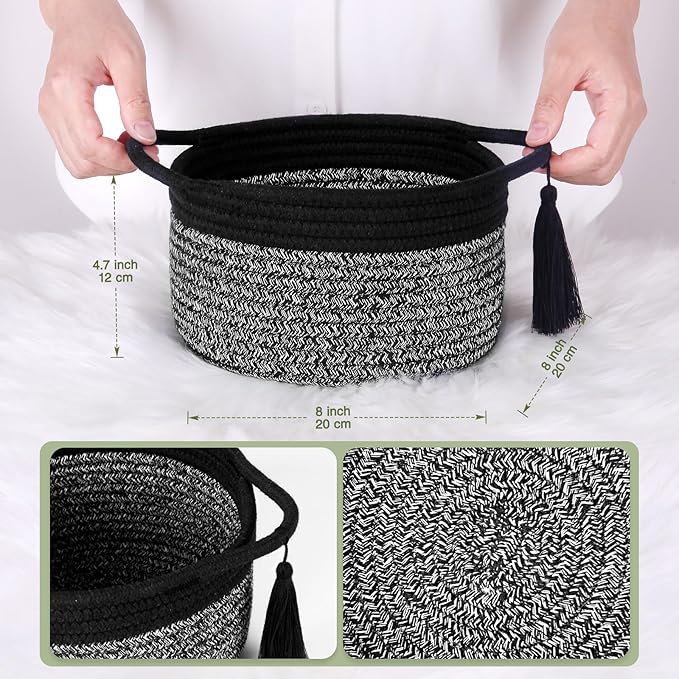 Small Gift Basket Empty to Fill – SweetMemo Mini Woven Rope Organizer Baskets for Gifting, Baby Shower, Desk, Bathroom, Shelves – Decorative Soft Bin with Gift Bag & Ribbon – Black Grey