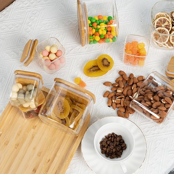 5oz Airtight Square Spice Containers with Bamboo Lid Set of 12 with Black Lables Storage Stackable Spice Jar, Kitchen Canister for Sugar, Tea, Flour, Salt and Seasonings (‎Clear Glass)