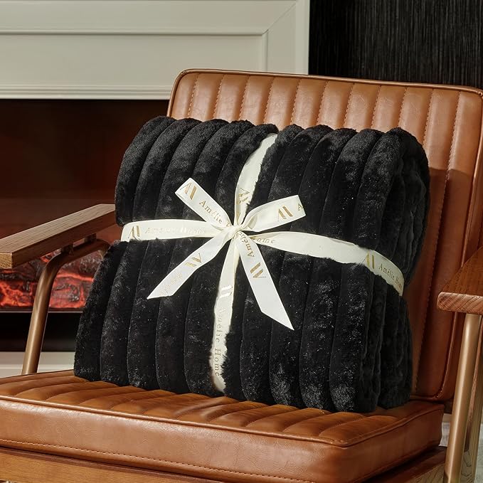 Amélie Home Faux Fur Throw Blanket for Couch, Cozy Fuzzy Fluffy Fur Luxurious Soft Striped Plush Gift Blankets for Family Sofa Chair Bed Living Room Bedroom, 55"x70", Black