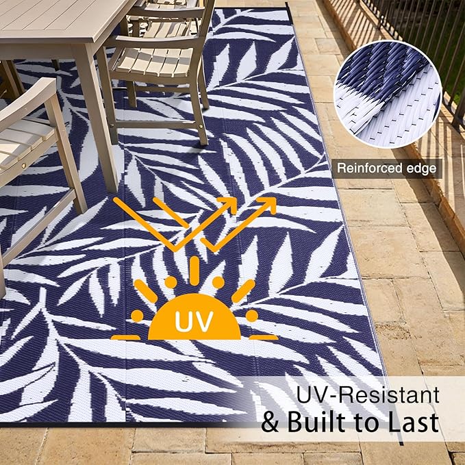 OLANLY Waterproof Outdoor Rug 9x12 ft, Reversible Outdoor Plastic Straw Rug with Leaf Pattern, RV Mat, Indoor Outdoor Carpet for Patio, Camping, Balcony, Deck, Backyard, Navy & White