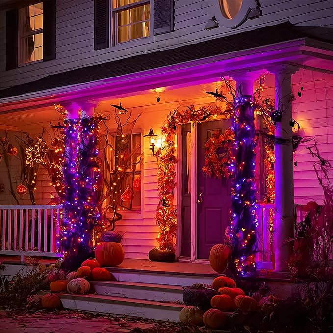 Dazzle Bright Halloween String Lights, 600 LED 196 FT Waterproof Black Wire String Lights with 8 Lighting Modes, Halloween Decorations Outdoor for Party Yard Garden Decor, Purple and Orange