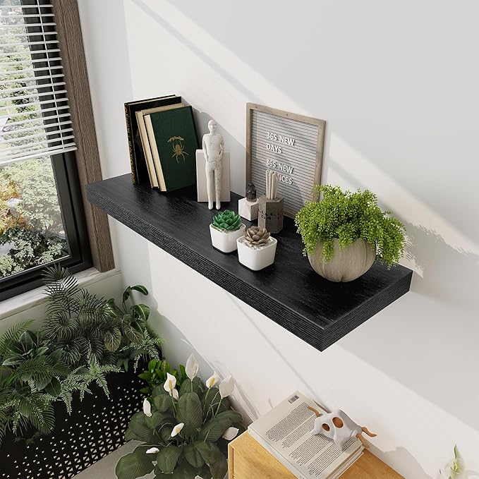 Black Floating Shelves 36 Inch Long, 12 Inch Deep Floating Shelves for Wall, 36 x 12 Shelves for Wall Storage & Display, 2" Thick Floating Shelf for Bathroom, Living Room, Bedroom, Set of 2