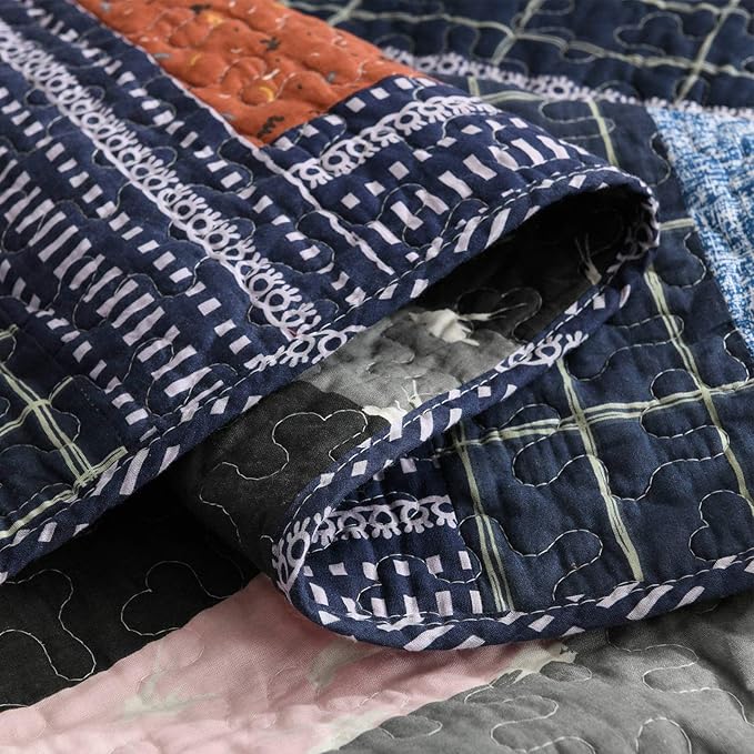 NEWLAKE Cotton Patchwork Bedspread, 3-Piece Bedding Quilt Set with Real Stitched Embroidery, Reversible Matelasse Bed Coverlet Set,Vintage Flowery Grid,King Size
