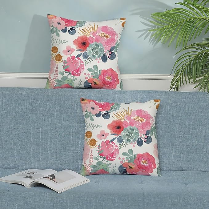 CXMEIFLY Spring Floral Pillow Covers 16 x 16 Inch Set of 2 for Watercolor Pink Flowers Decor Throw Pillows Green Leaves Plant Outdoor Decorative Cushion Cases with Zipper for Couch Bed Decorations