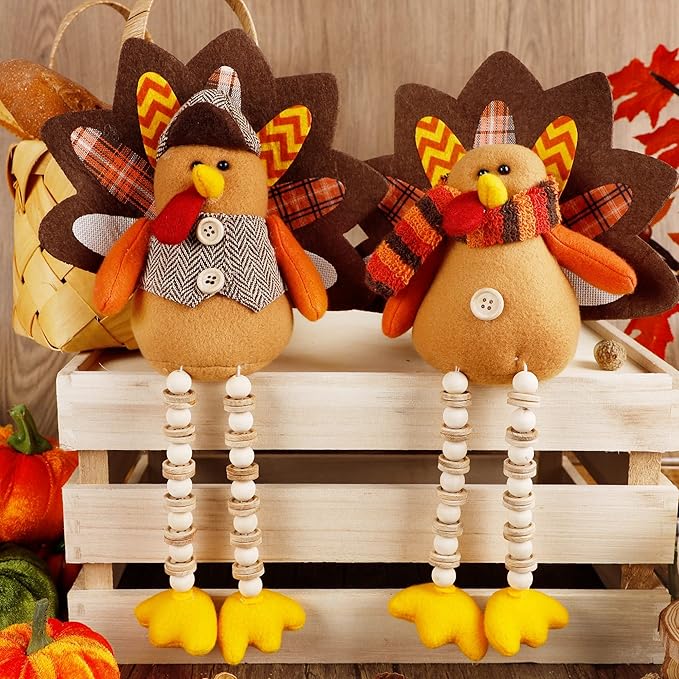 winemana Thanksgiving Decorations Set of 2 Turkeys with Dangling Legs, Mr and Mrs Turkey Couple Plush Tabletop Centerpieces for Fall Harvest Home Kitchen Shelf
