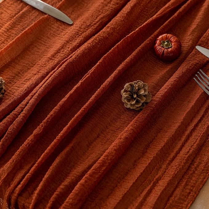 3pcs Fall Terracotta Table Runner Rust Gauze Rustic Cheesecloth 120 Inch 10 FT for Wedding Baby Shower Bridal Shower Birthday Engagement Garden Party Sheer Boho Thanksgiving Decorations