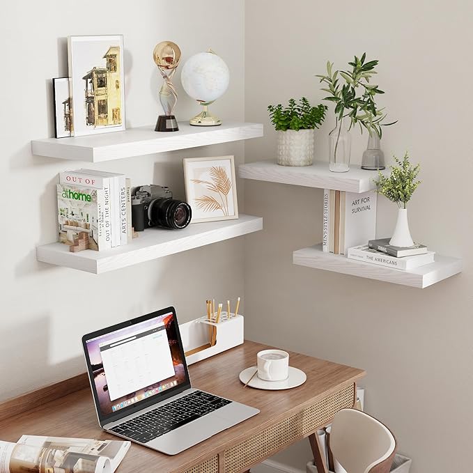 Fun Memories White Floating Shelves 16 Inch Long, 9 Inch Deep Wall Shelf for Bathroom, 16 x 9 Floating Shelf for Living Room, Bedroom, Kitchen, Rustic Wood Shelves for Wall, Set of 2