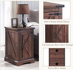 JXQTLINGMU Farmhouse Nightstand Set of 2 with Charging Station, 17" D Rectangular End Table with Barn Door & Adjustable Storage Shelf, Wood Rustic Sofa Side Table for Living Room, Bedroom, Brown