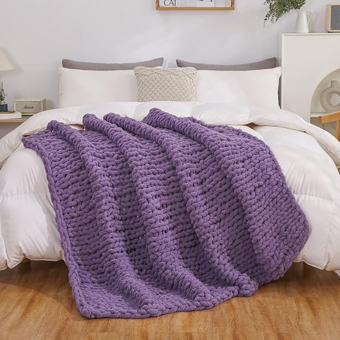 WESHIONGOO Chunky Knit Blanket Throw Knitted Throw Blankets for Couch Bed Fluffy Soft Blanket with Jumbo Chenille Yarn Thick 100% Handmade (Purple, 50"×60")