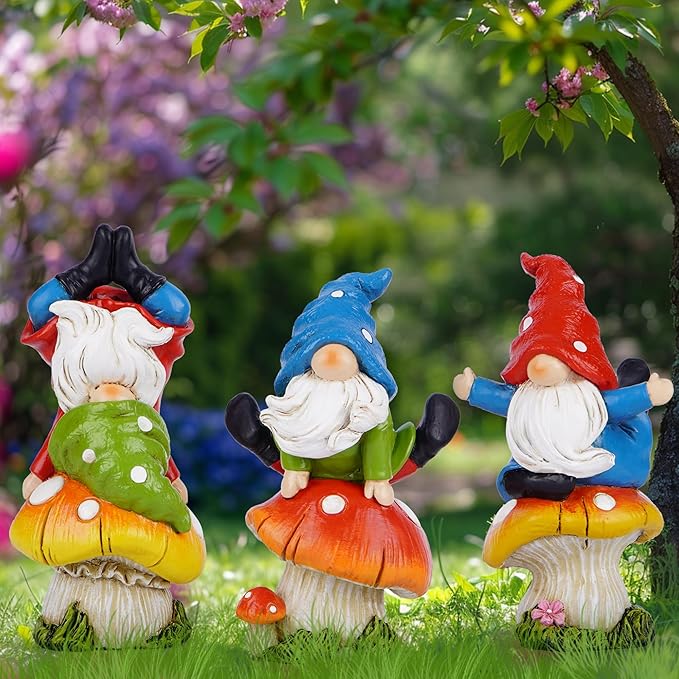 Hodao 3 PCS Spring Yoga Mushroom Gnomes Decoration Summer Elf Figurines Gifts for Home Spring Lively Garden Statues Decor for Outdoor, Mom, Mother (Multicolor)