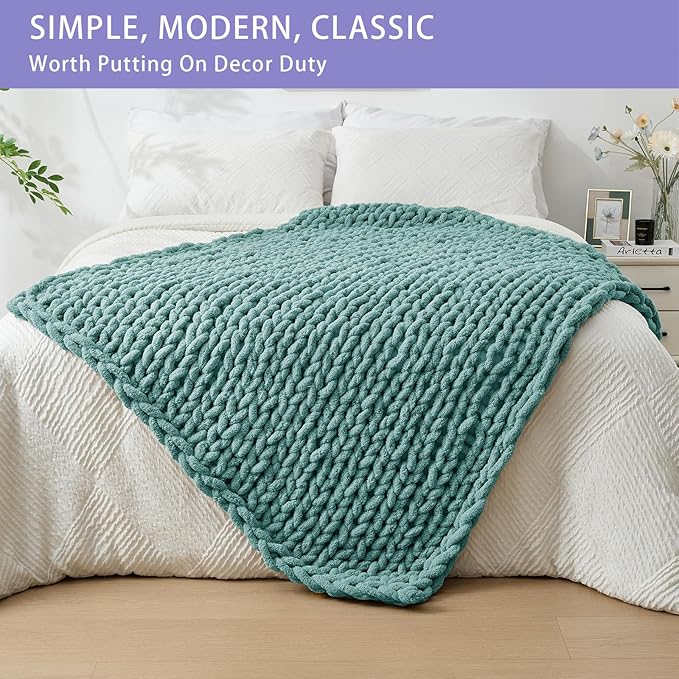Bigacogo Chunky Knit Throw Blanket for Couch, 40x60 inches, 100% Hand Knitted with Thick Jumbo Chenille Yarn, Cozy Soft Large Rope Knot Cable Crochet Blankets for Sofa Bed Living Room, Light Teal