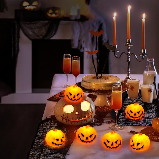 6 Pack Halloween Pumpkin Flameless Candles Battery Operated LED Tealight Candles for Home Room Decorations, Light Up Halloween Decorations Indoor for Table Party Office Fireplace