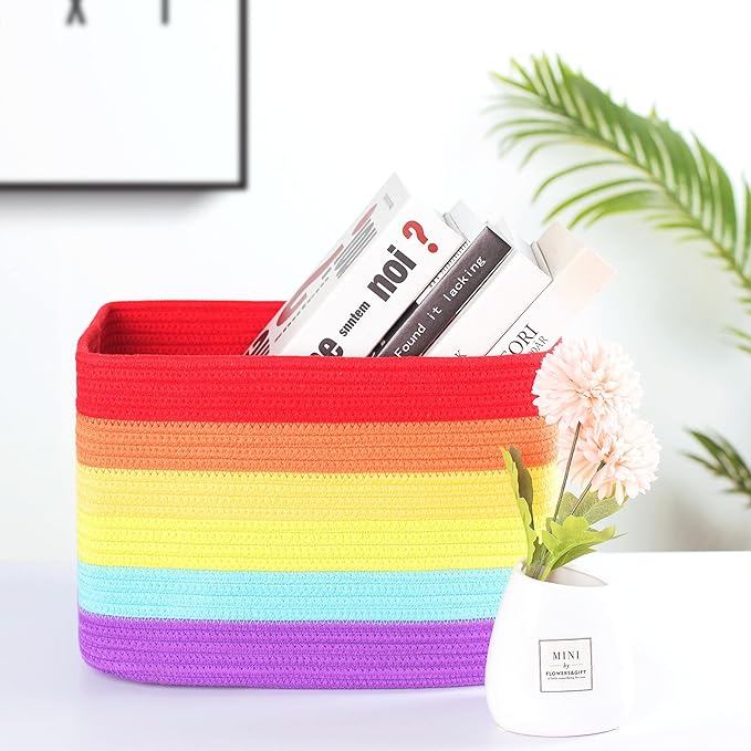 MINTWOOD Design 3-Pack Storage Baskets for Shelves, Playroom and Classroom, Book Basket, Decorative Storage Cube Bins, Woven Closet Organizers, Pantry and Shoe Organizer, Rainbow