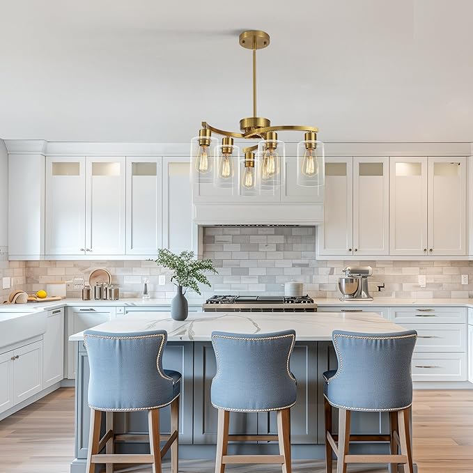 6-Light Gold Chandeliers for Dining Room, Modern Kitchen Island Light Fixtures Over Table, Metal Hanging Pendant Lighting for Living Room Stairwell Entryway Bedroom, Clear Glass Shade