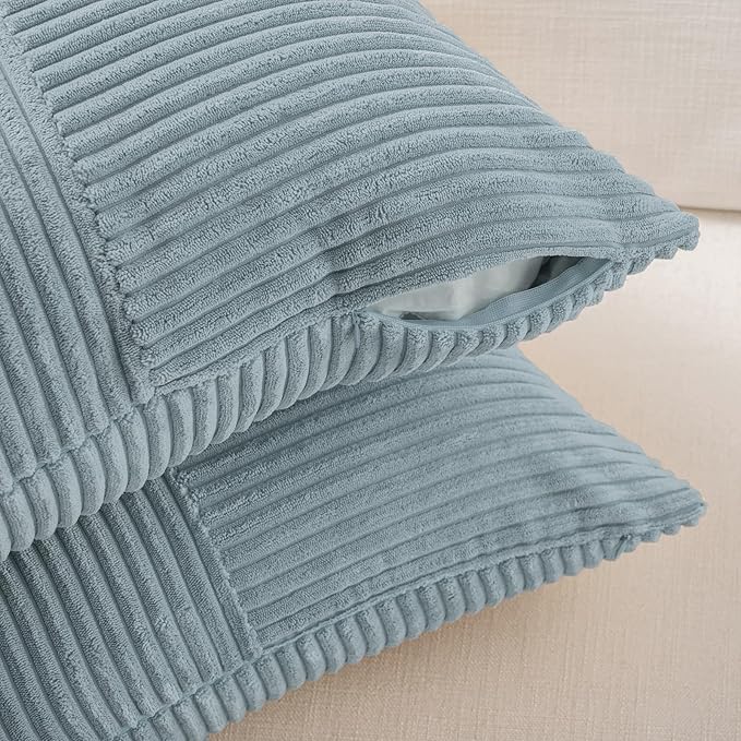 Fancy Homi Set of 2 Light Blue Euro Decorative Throw Pillow Covers 26x26 Inch for Bedroom Couch Bed, Farmhouse Boho Home Decor, Soft Cross Corduroy Patchwork Textured Square Cushion Case 66x66 cm