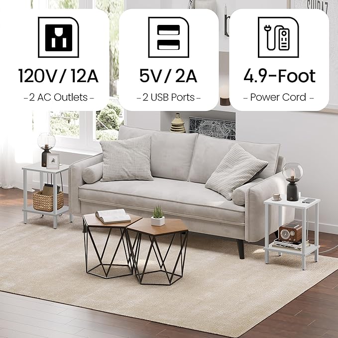 TUTOTAK End Table with Charging Station, Small Side Table with Outlets, Nightstand Bedside Table, 2-Tier Storage Shelf for Small Space, Living Room, Bedroom, White TB01BW040