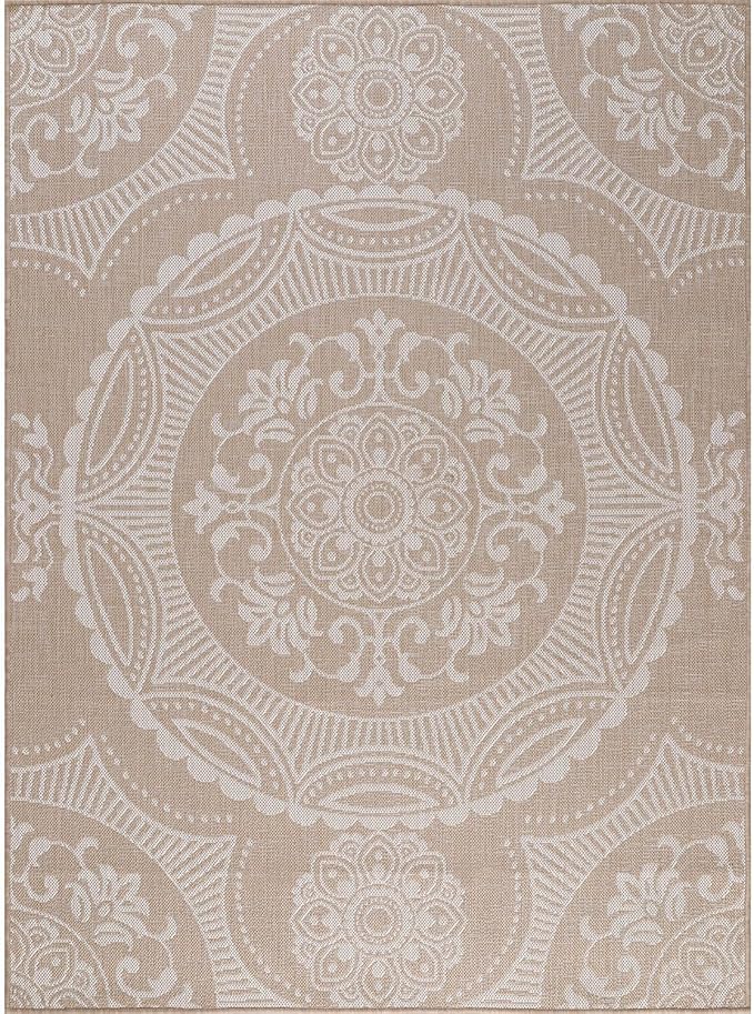 Medallion Outdoor Rug 8x10 Washable Outside Carpet for Indoor Patio Porch Waterproof Easy Cleaning Non Shedding Area Rugs Beige 8 x 10