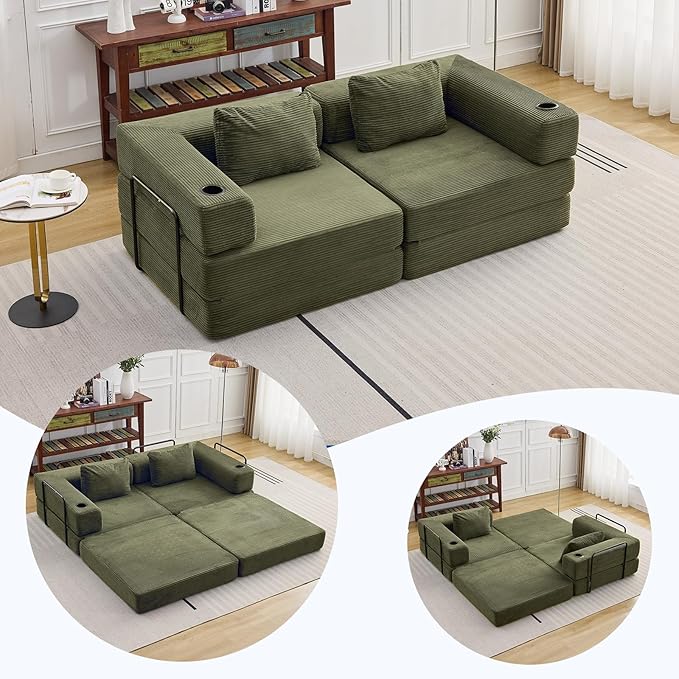 78" W Loveseat Sofa, 4 in 1 Convertible Floor Sofa Bed, Boneless Cloud Couch with Cup Holder, Fold Out Floor Couch, Loveseat Recliner Sleeper for Living Room Bedroom Lounge(Corduroy, White)