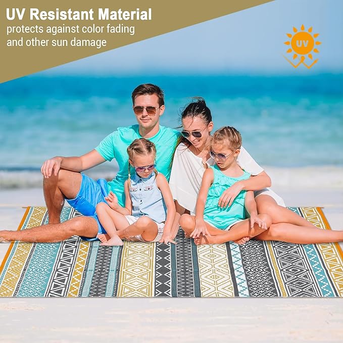 GAOMON Reversible Outdoor Rug 9'x18' Waterproof Plastic Straw Rug, Patio Rug, Large Modern Area Rug Carpet, Indoor Outdoor Rugs for Camping, Porch, Deck, Balcony, Backyard, Teal/Yellow(Bohemia)