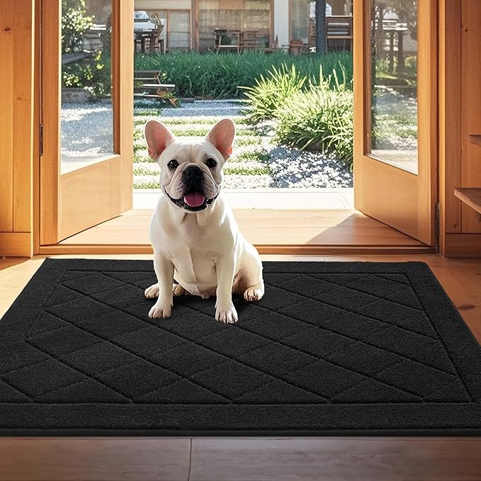 JSEI Dirt Trapper Door Mat 32"x48", Non-Slip Washable Entryway Mats, Dog Door Mat, Stain Resistant and Absorbent Floor Mats, Low Profile Welcome Mat for Front Back Door, Black