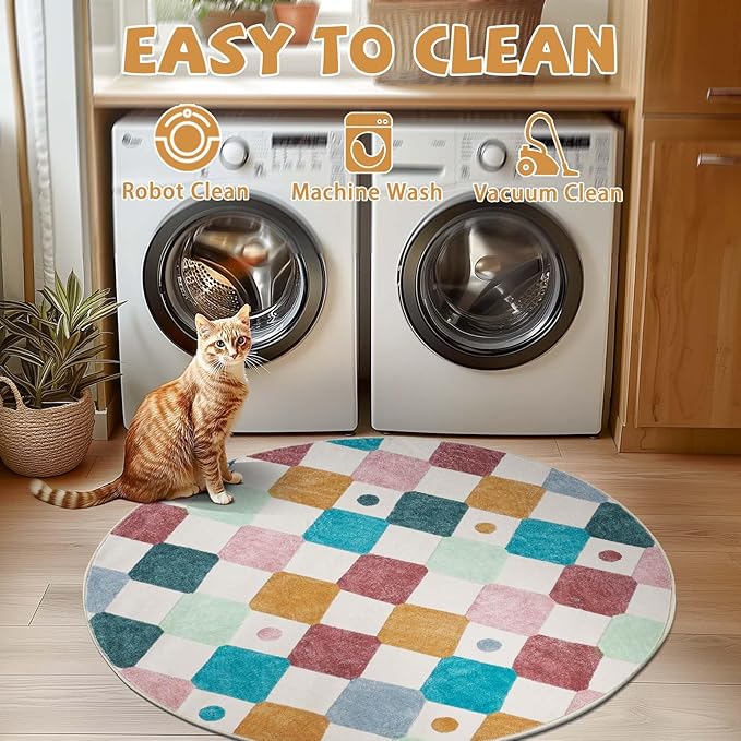 jinchan Round Rug 4ft Kids Washable Rug Indoor Floor Cover Non-Slip Soft Modern Elementary School Classroom Colorful Diamond Carpet for Nursery Daycare Bedroom Playroom Living Room Confetti on Cream
