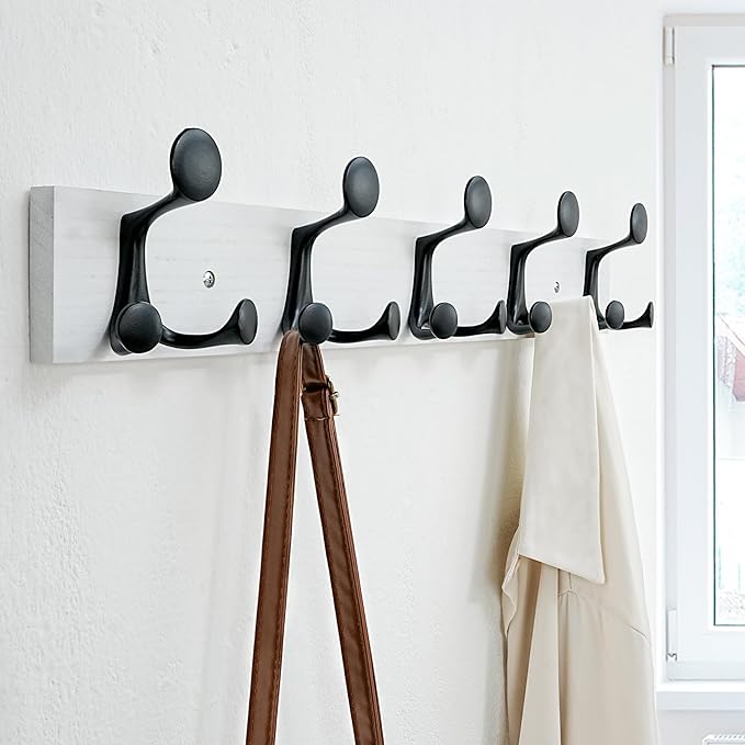 SKOLOO 24-Inch White Wood Coat Rack Wall Mount with 5 Triple Hooks - Ideal for Family Entrances, Classrooms, and Pet Supplies Storage - Perfect Coat Hooks for Wall, Pack of 2
