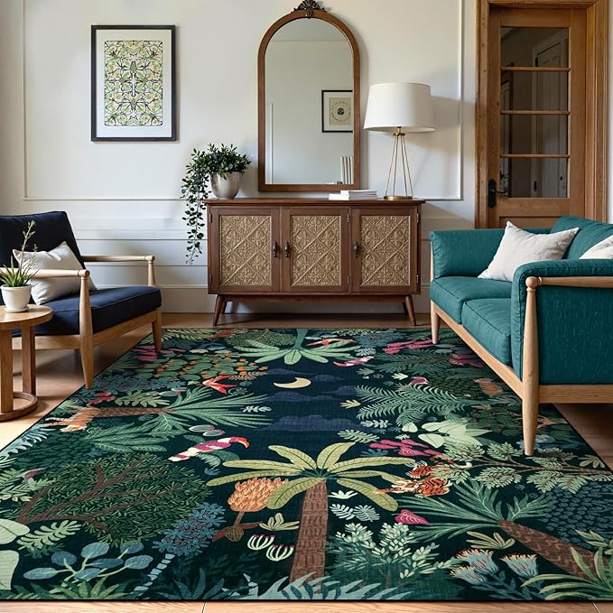 LIVEBOX 6x9 Jungle Dark Rug Dining Room Rugs for Under Table, Soft Modern Green Rugs for Living Room, Washable Kids Rug for Boy Bedroom, Non-Skid Kids Carpet Playmat for Play