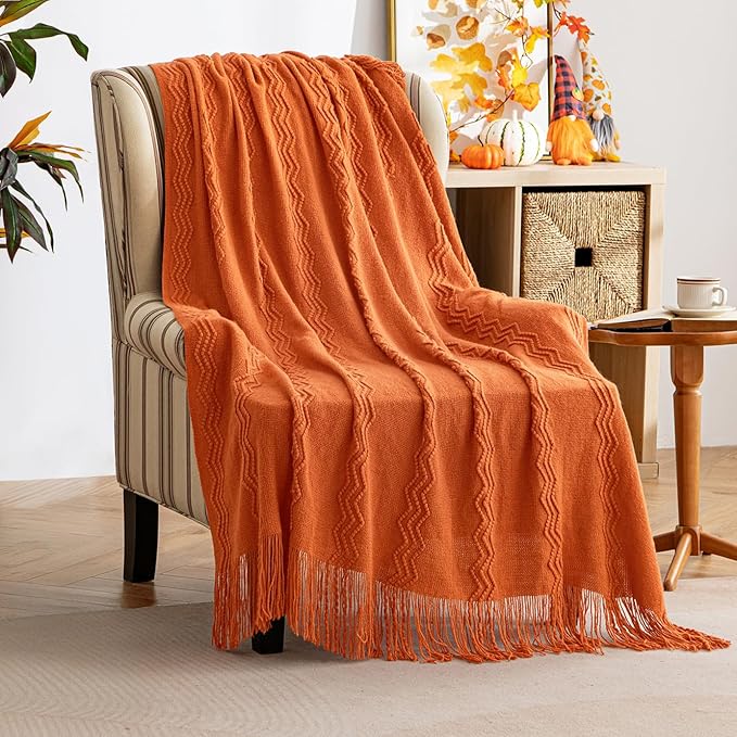 MIULEE Burnt Orange Knitted Throw Blanket for Couch Boho Textured Cozy Woven Blanket with Tassels for Sofa Chair Bed Living Room Fall Home Decor Farmhouse Acrylic Wave Pattern 50"x60"