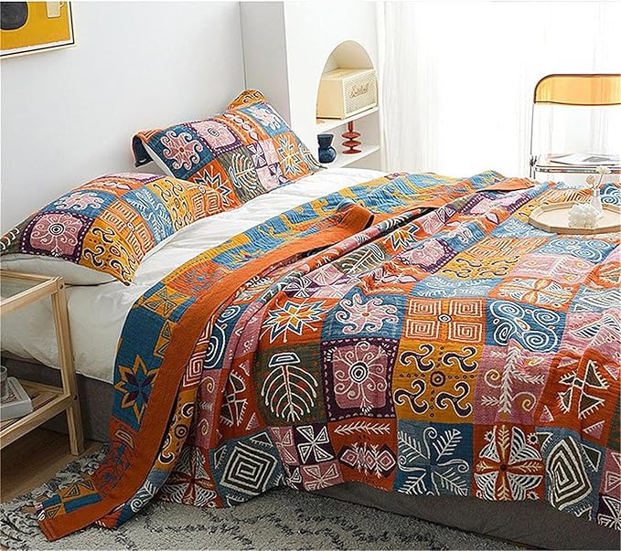 Cotton Throw Boho Blanket for Couch Bed,Cotton Quilted Boho 80''x90'' Muslin Blankets Travel Mexican Super Soft Blanket