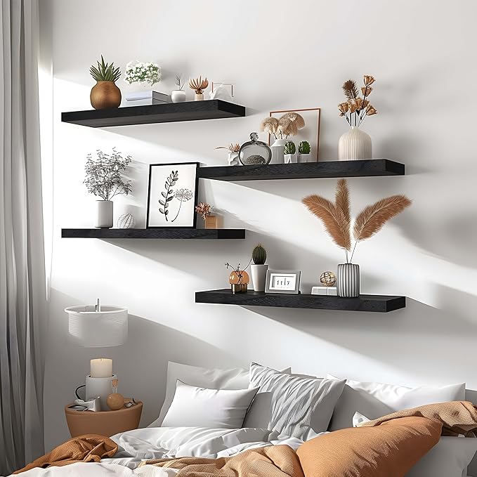 Black Wood Floating Shelves for Wall Rustic Wall Shelves for Bedroom Set of 6
