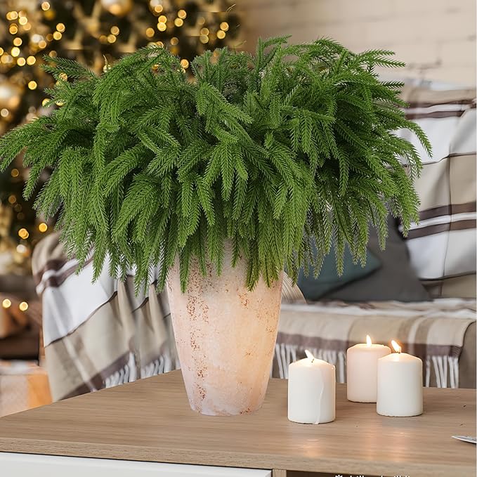 12 Pcs Artificial Norfolk Pine Branches, Norfolk Pine Artificial Pine Stems DIY Crafts Faux Christmas Greenary Norfolk Pine Branches for Xmas Wreath Garland Home Decor (12)