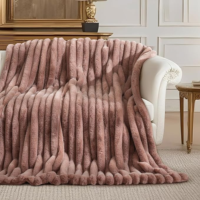 Amélie Home Faux Fur Throw Blanket for Couch, Ultra Cozy Fuzzy Fluffy Fur Luxurious Soft Striped Plush Gift Blankets for Family Sofa Chair Bed Living Room Bedroom, 60"x80", Ionic Fox Brown