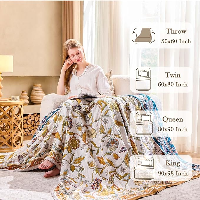 Fall Throw Blanket for Couch, Brown Boho Decorative Throw Blanket, 100% Cotton Muslin Breathable Woven Farmhouse Blankets Quilt, 60"x80" Reversible Lightweight Blankets Bohemian Throw Quilt