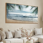 Framed Tropical Beach Wall Art - Ocean Waves Canvas Pictures Coastal Blue Sky and Sea Print Seaside Palm Tree Leaves Scene Painting Artwork Living Room Bedroom Office Home Decor 29" x 58"