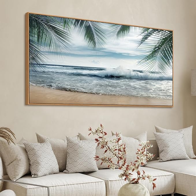 Framed Tropical Beach Wall Art - Ocean Waves Canvas Pictures Coastal Blue Sky and Sea Print Seaside Palm Tree Leaves Scene Painting Artwork Living Room Bedroom Office Home Decor 29" x 58"