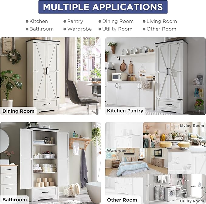 JXQTLINGMU Farmhouse Kitchen Pantry Cabinet - 72" Tall Wood Kitchen Storage Cabinets with Adjustable Shelves & 2 Barn Style Doors & Drawer, Versatile Storage for Dining Room, Bathroom, Antique White