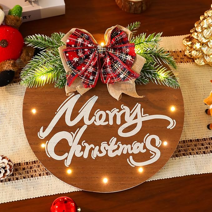 HOMCDALY Merry Christmas Sign for Front Door, Wooden Hanging Sign Door Decoration with 12 LED Light, Winter Welcome Wreath indoor outdoor Décor, Christmas Decoration.