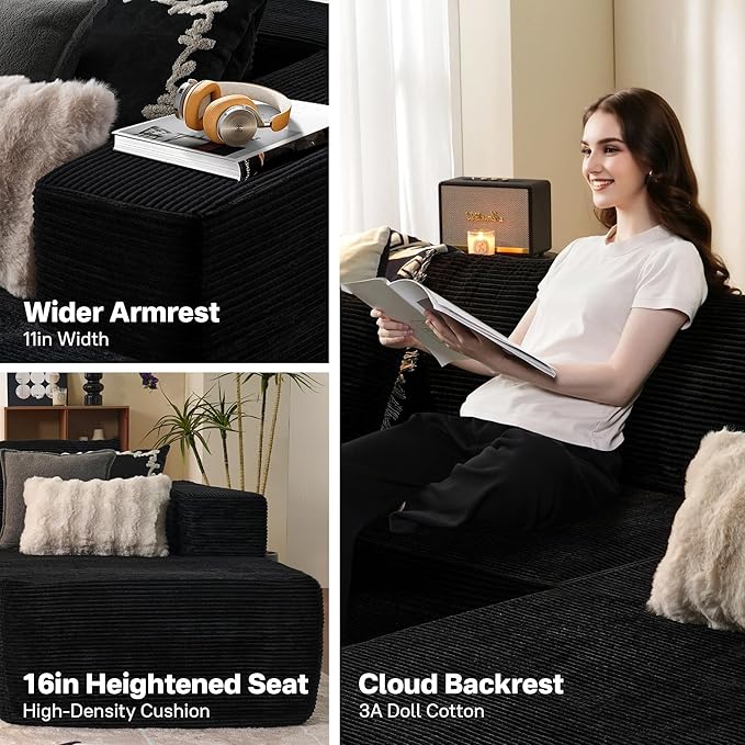 104" Cloud Sectional Couches for Living Room,L Shaped Boneless Couch in A Box,Sleeper Sofa with Comfy Chaise No Assembly Required,Black