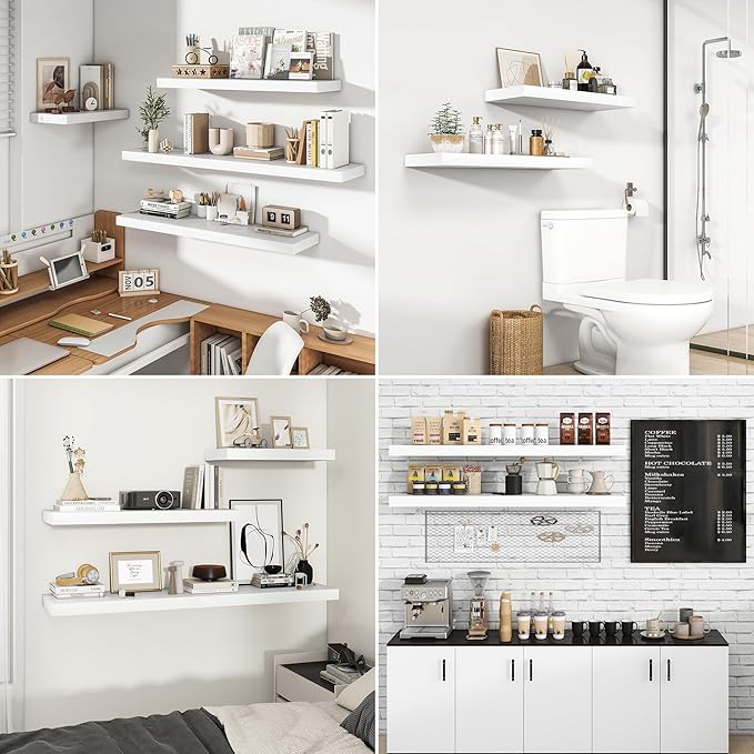RICHFOCUS 24Inch Floating Shelves for Wall 2 Pack Shelves for Bedroom|Kitchen|Bathroom Wall Mounted Rustic Wood Floating Shelf with Invisible Brackets for Books|Storage|Decor, White
