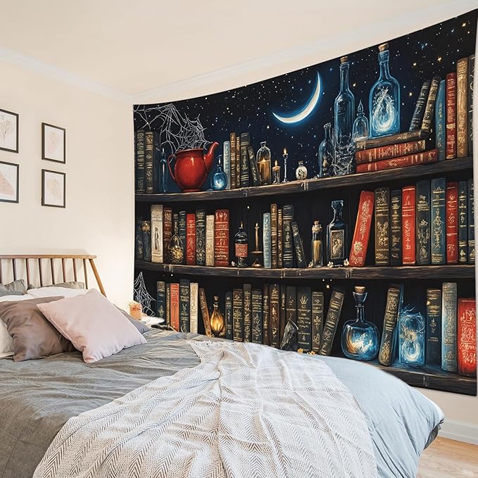LB Gothic Bookshelf Tapestry, Horror Spider and Vintage Book Halloween Wall Tapestry for Bedroom Aesthetic, Galaxy Moon Wall Art for Living Room Dorm Home Decor Ready to Hanging, 60 x 40 Inches